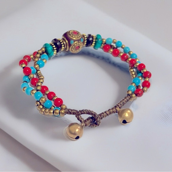 TURQUOISE RED COPPER BEADED ADJUSTABLE BRACELET - Picture 2 of 3